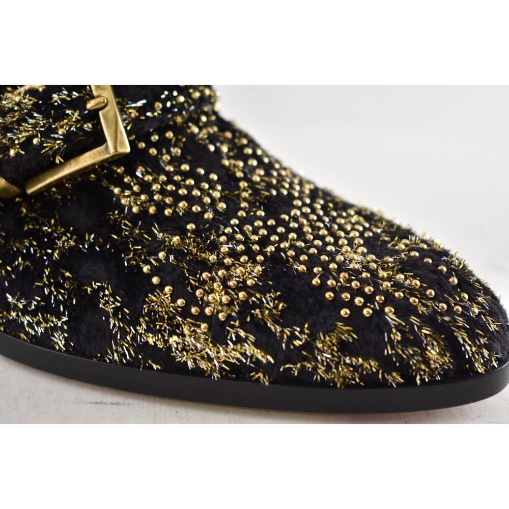 Chloe Suzanna Black Gold Velvet Coupe Studded Short Zipper Ankle Heel Bootie 37 - Picture 5 of 15